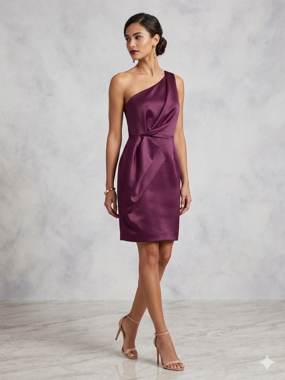 Halston Heritage One-Shoulder Satin Dress in Plum